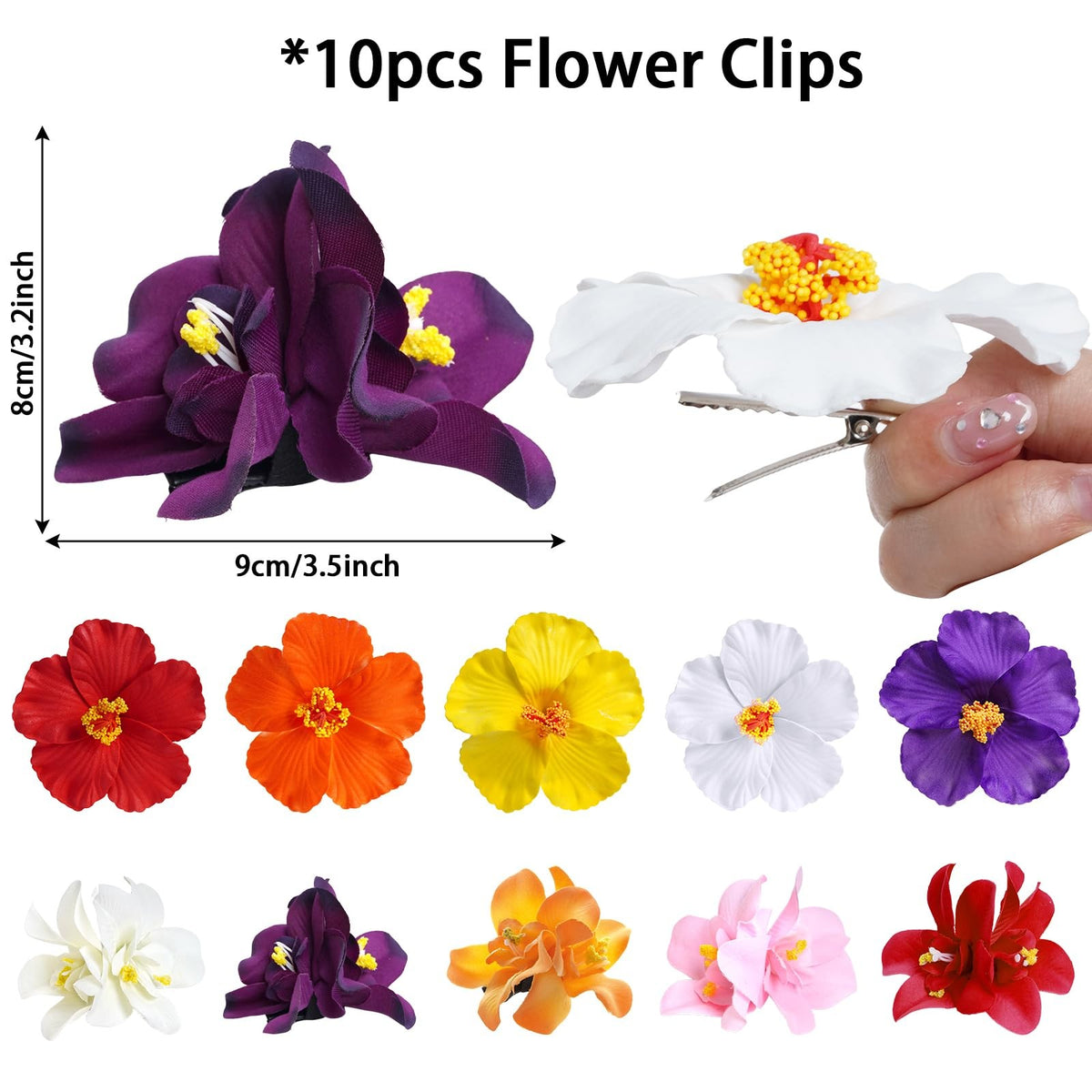 10PCS Hawaiian Flower Hair Clips for Women Multicolor Beach & Party Accessories