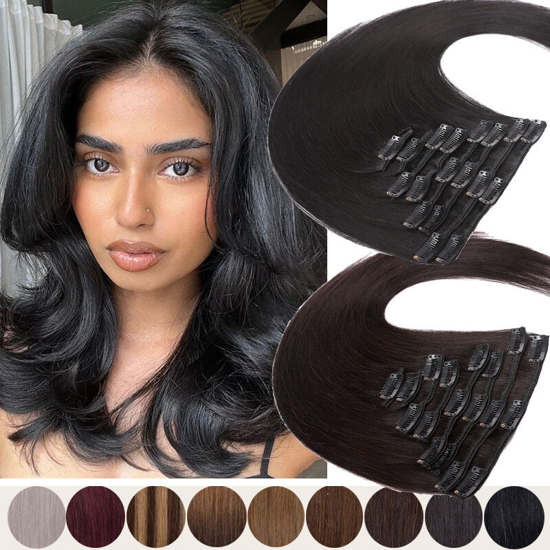 100% Human Hair Extensions Clip-In Full Head Set - Multiple Colors & Lengths