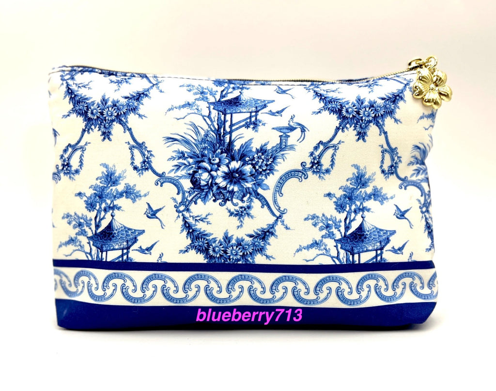 2-Piece Makeup Bag Set with Blue Flower and Bird Print, Zipper Closure