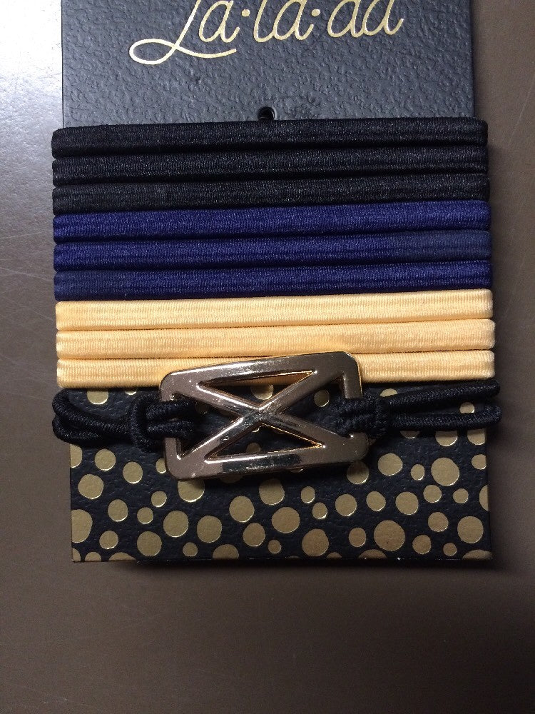 10-Piece Hair Ties Set with Gold-Tone Holders - Black, Navy, Tan, Lot of 8 Packs