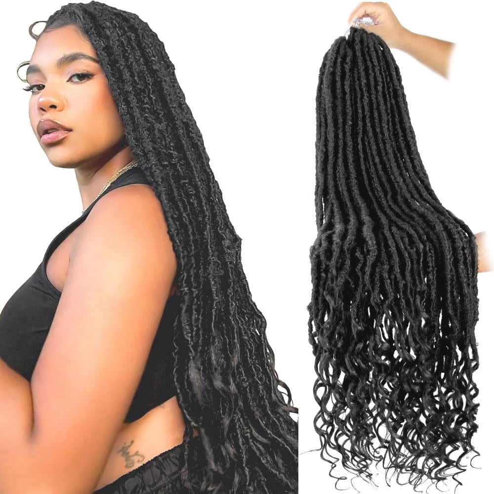 Long Faux Locs Hair Extensions 36 Inch Pre-Looped Curly Ends Goddess Style - 8 Packs