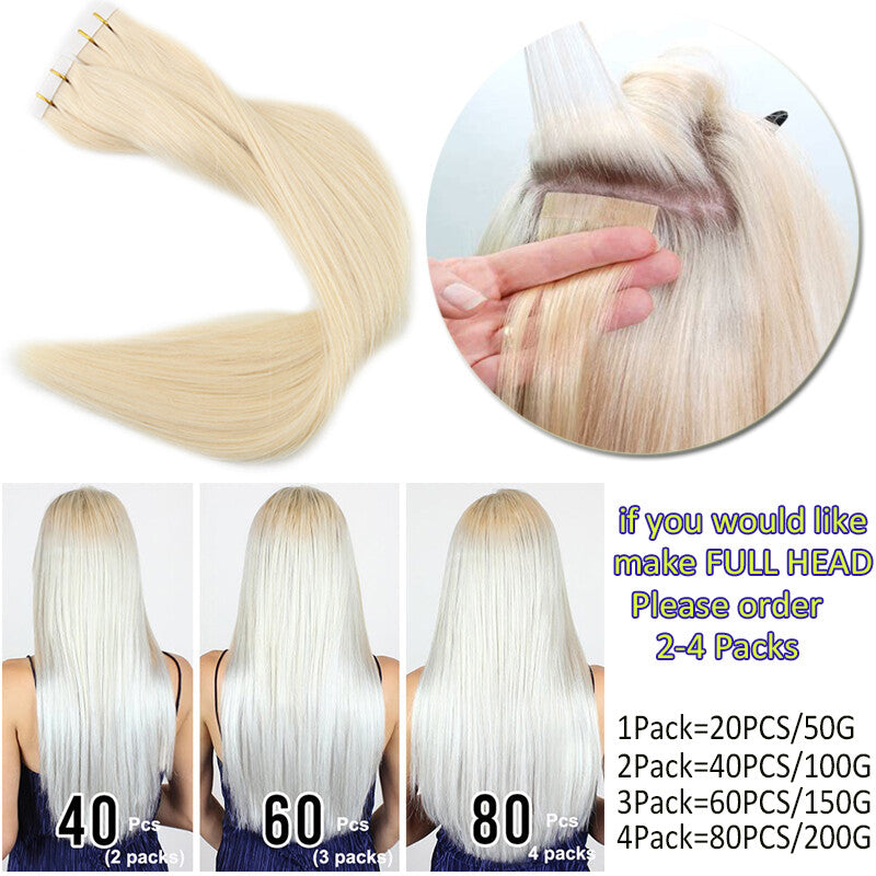 Invisible Skin Weft Tape-In Human Hair Extensions - Thick Remy Hair for Full Head