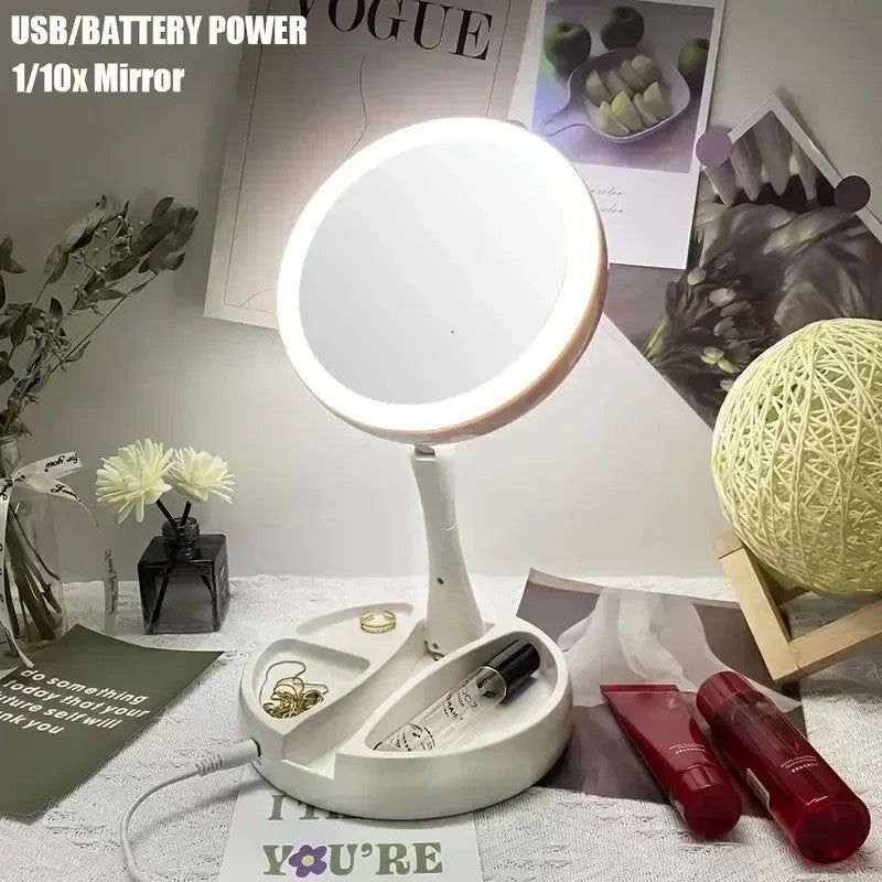 LED Lighted Vanity Mirror with 1X/10X Magnification Foldable Desk Makeup Mirror
