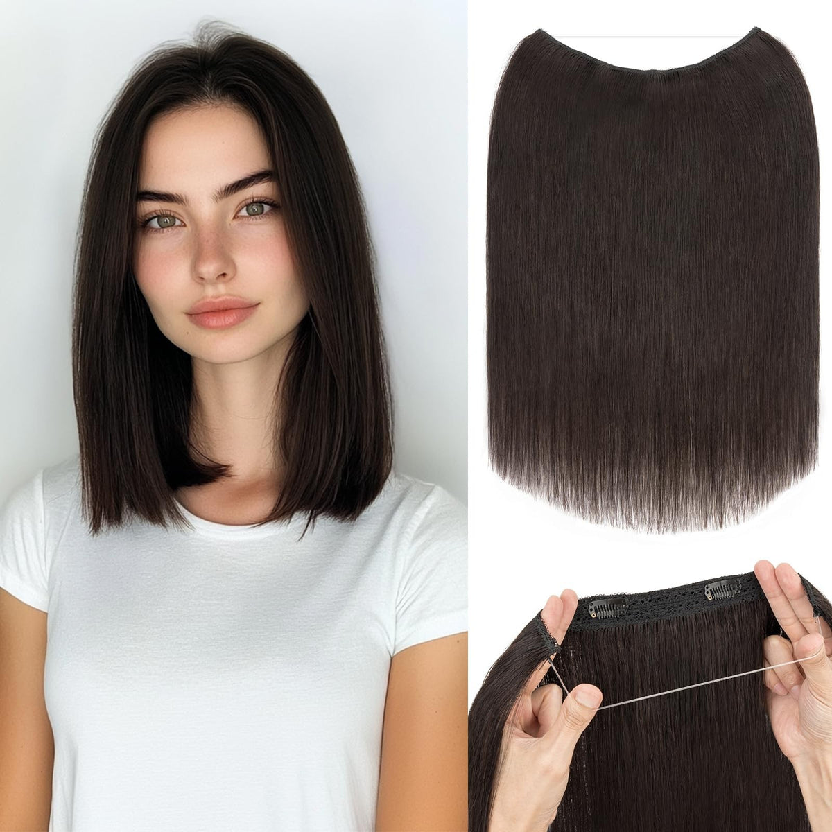 14 Inch Human Hair Wire Extensions - Short Straight Natural, 60G