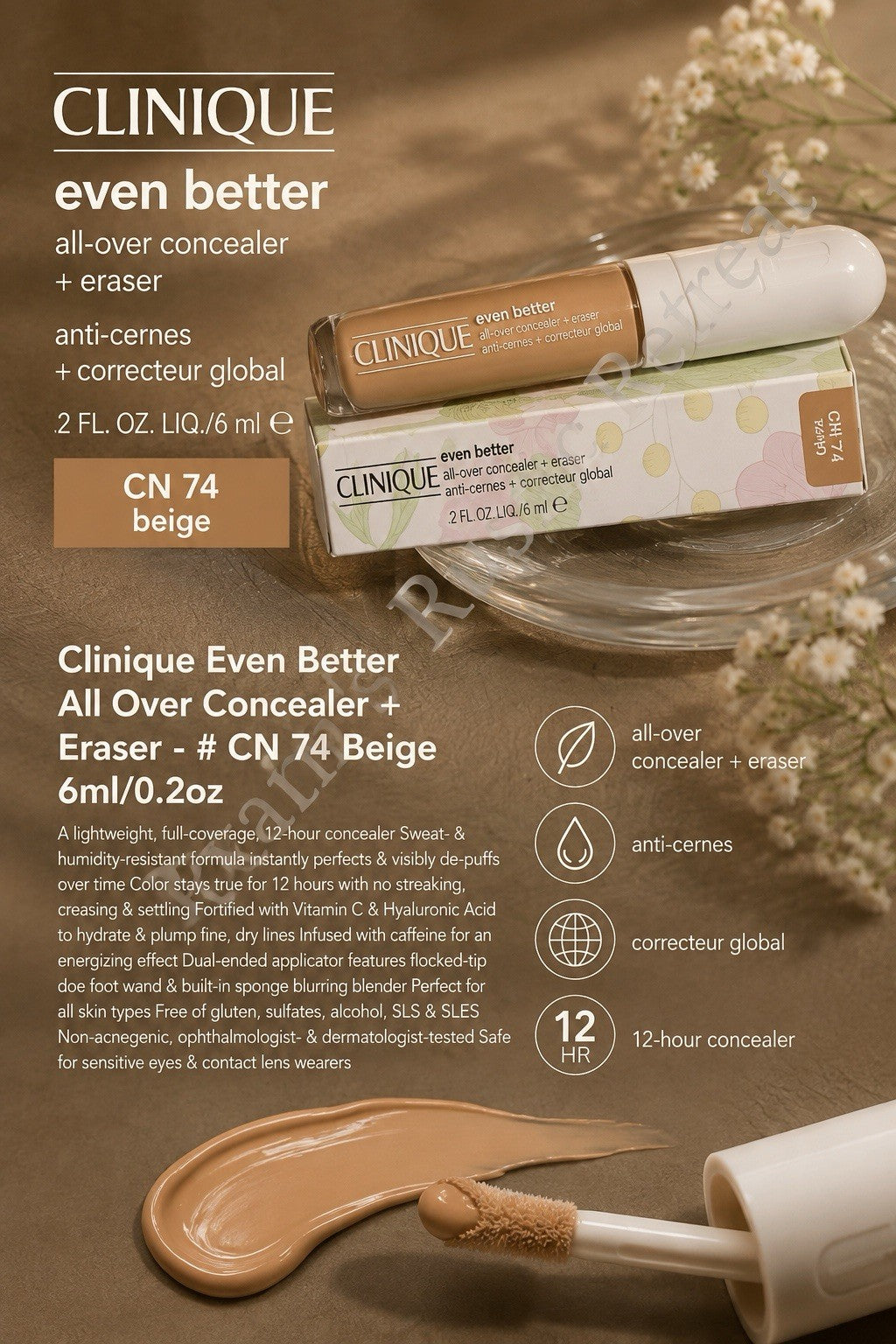 Concealer + Eraser, 0.2 oz, CN 74 Beige – Full Size, New