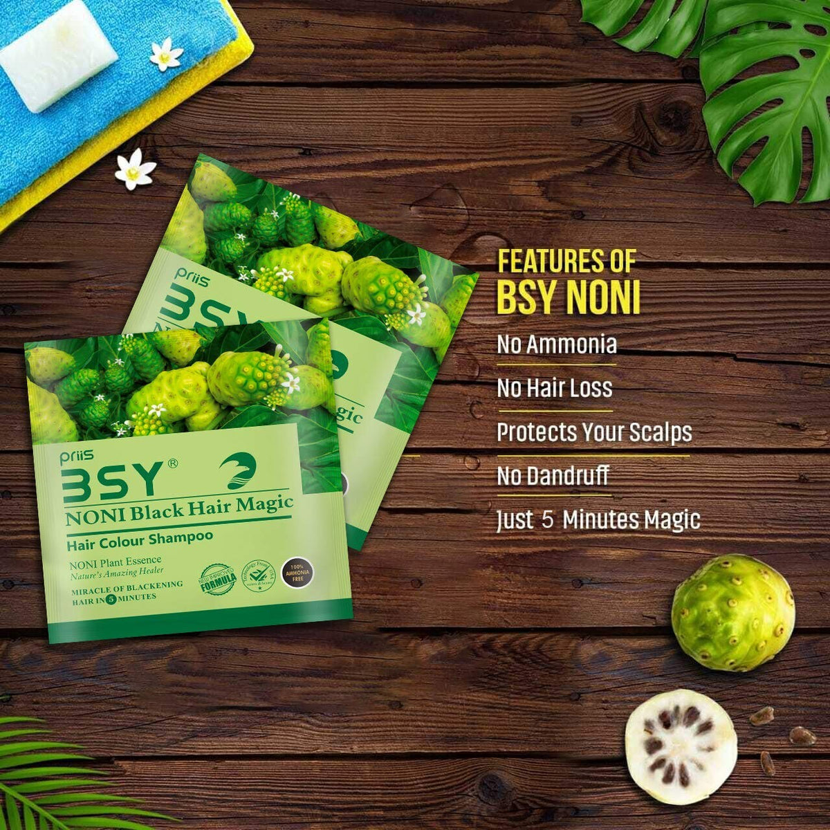 Natural Hair Dye Shampoo with Noni Fruit - Black Hair Color & Nourishment