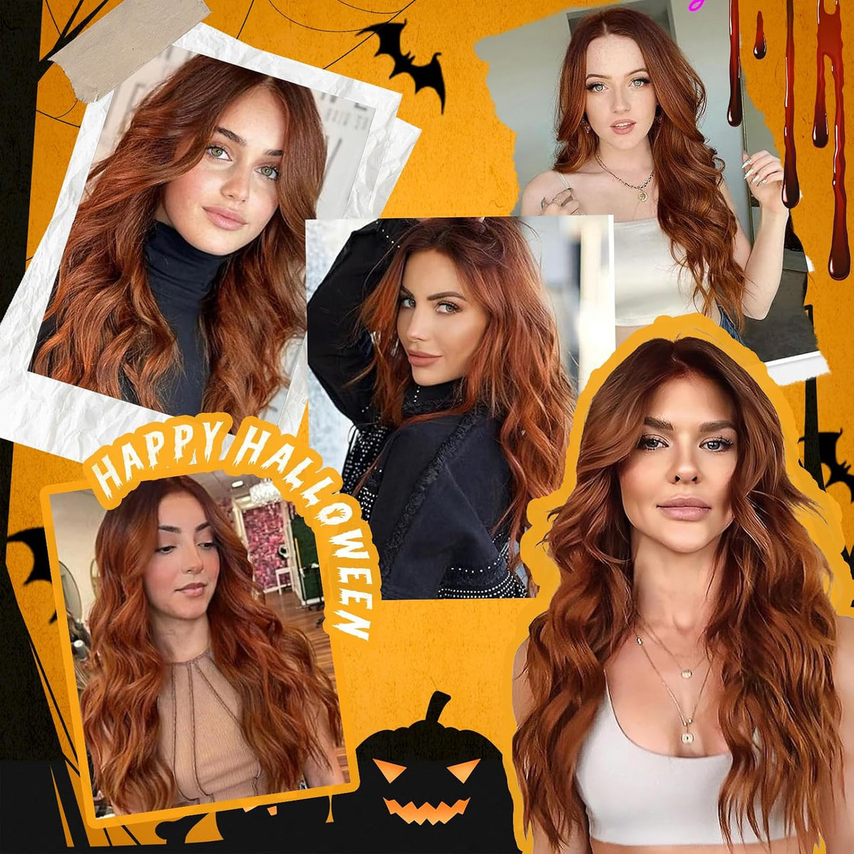 Long Ombre Auburn Wavy Wig for Women - 26 Inch Curly Synthetic Hair