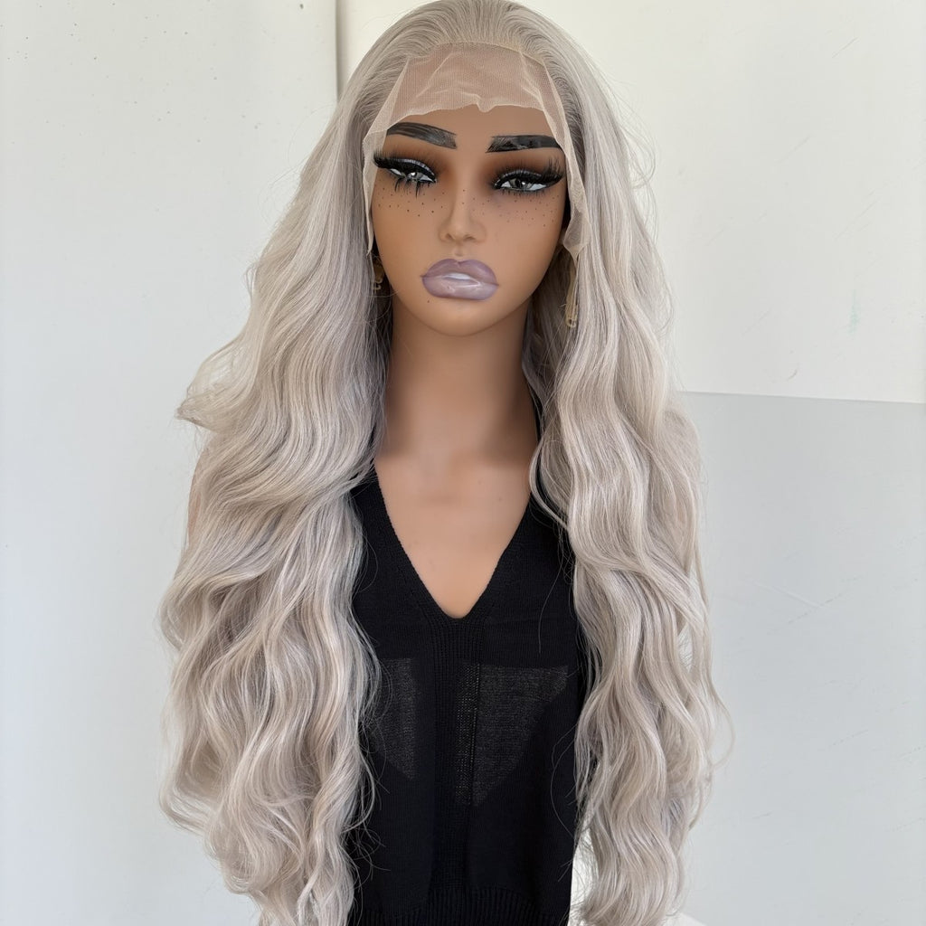 Long Wavy Synthetic Lace Front Wig - Heat Resistant Silver Grey Hair