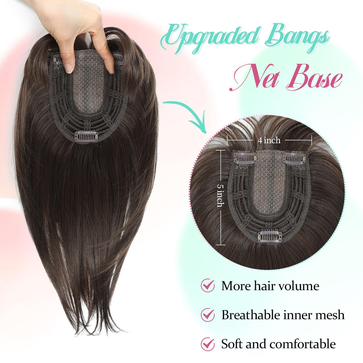 12-Inch Synthetic Clip-In Bangs Hair Topper - 360 Full Coverage, Straight
