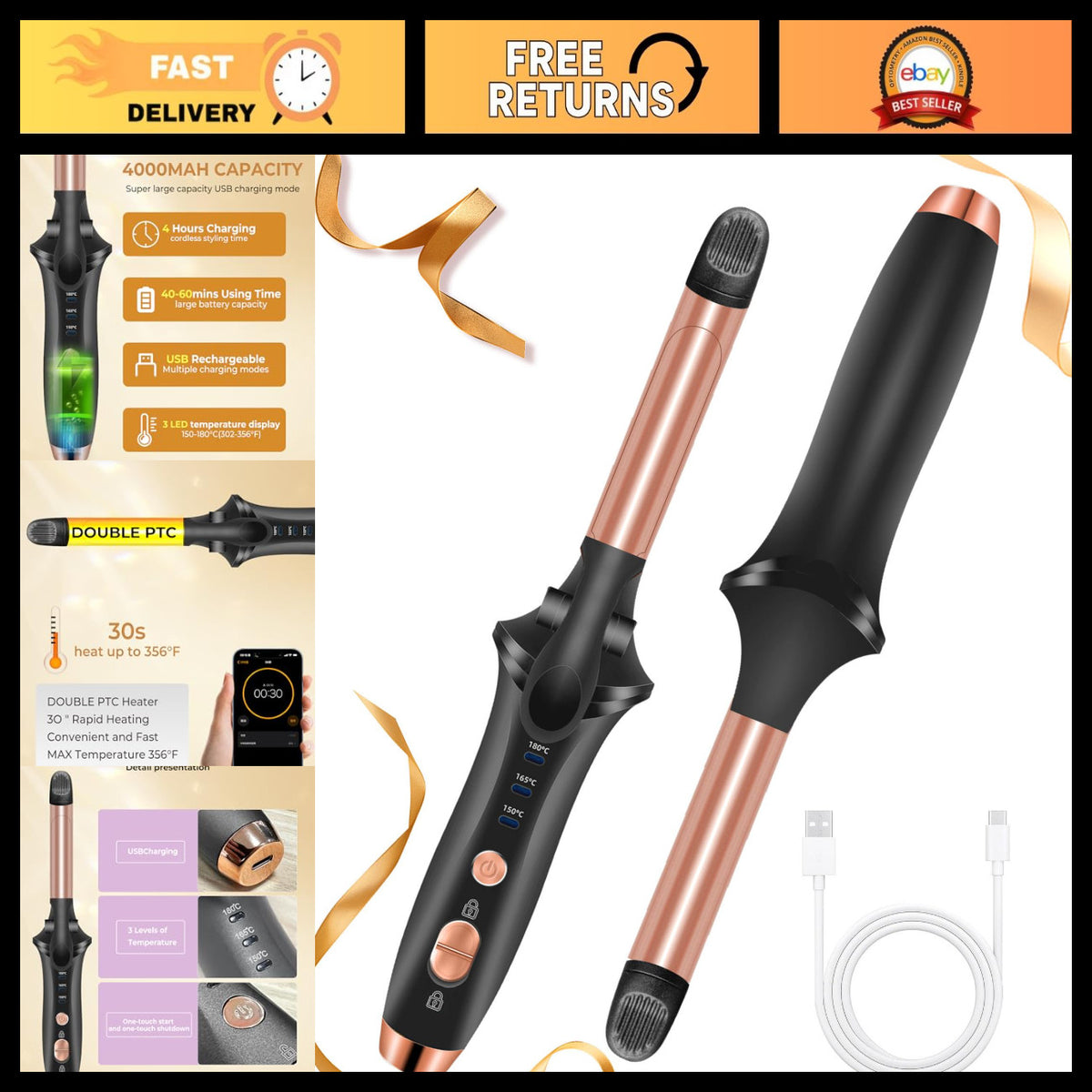 Rechargeable Cordless Travel Curling Iron with 3 Temperature Settings - Mini Hair Curler