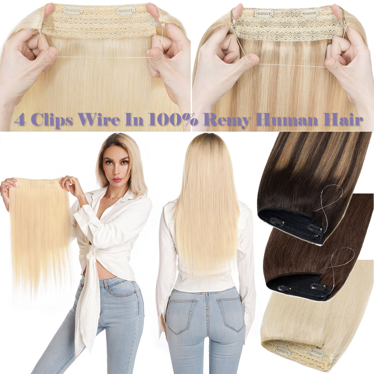 Wire-In Human Hair Extensions with Clips - Thick & Natural Look, 12-22 Inches