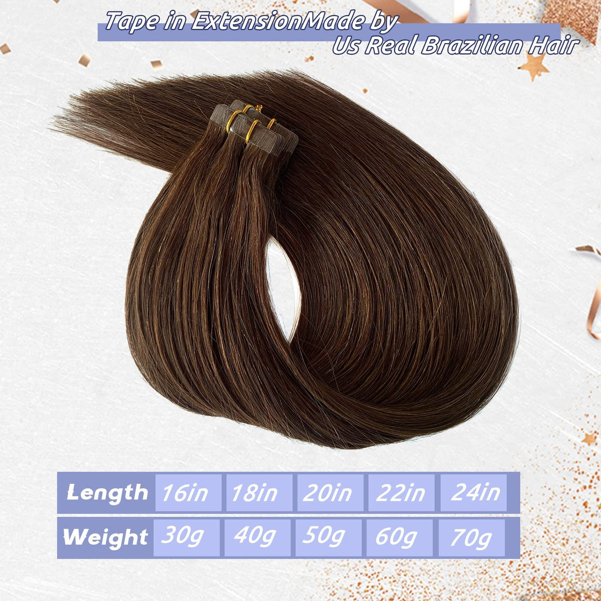 24-Inch Dark Brown Remy Tape-In Hair Extensions - 100% Human Hair, 70g