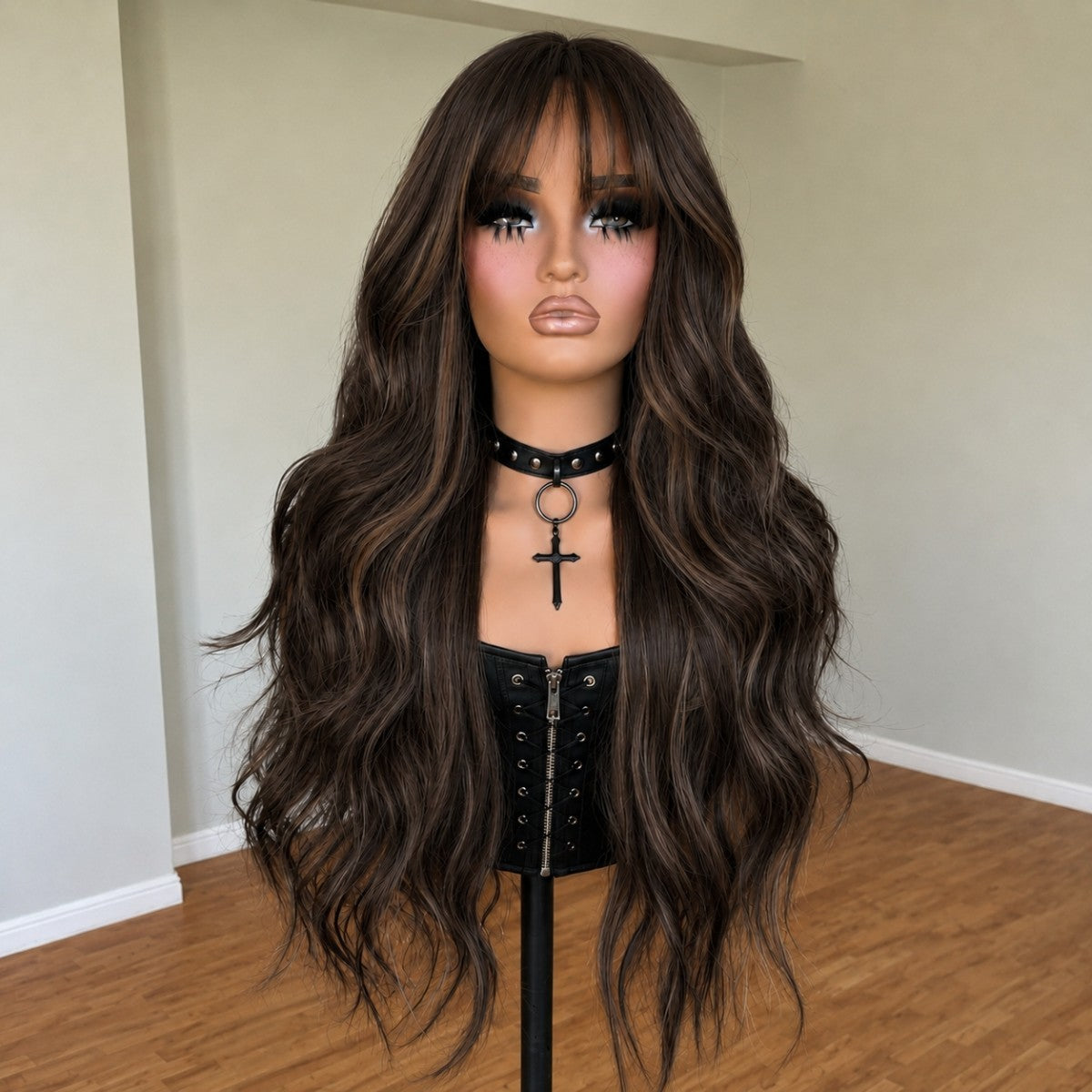 Long Wavy Synthetic Wig with Bangs - Brown Dress Up Hair Extension