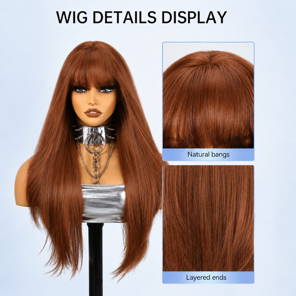 Copper Red Synthetic Long Straight Wig with Bangs for Cosplay & Parties