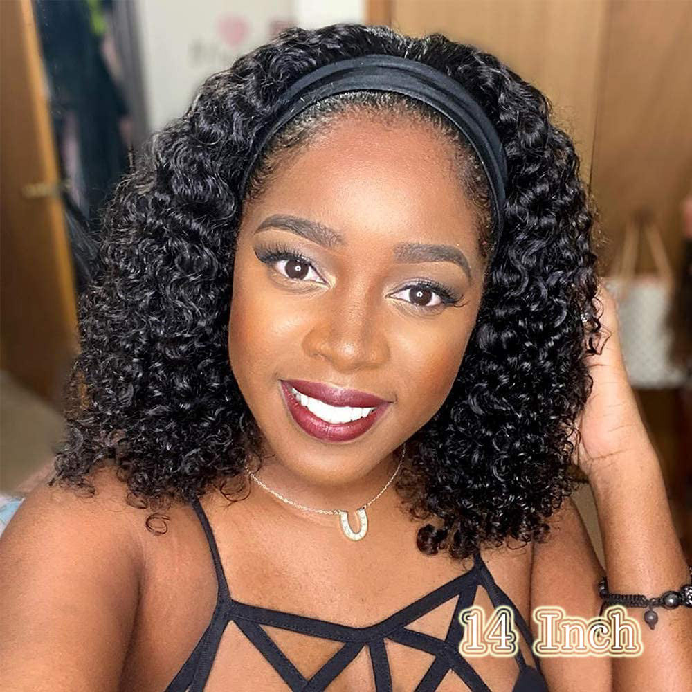 Curly Human Hair Headband Wig 14 Inches Deep Wave Wigs for Women