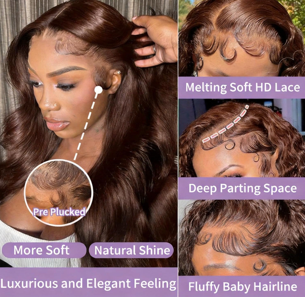 16 Inch Human Hair Wig Body Wave HD Lace Front 200% Density Chocolate Brown