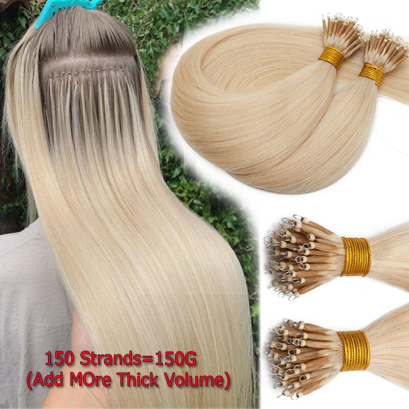 Thick 150PCS Remy Human Hair Extensions Nano Ring Beads Micro Loop 14-24 Inch