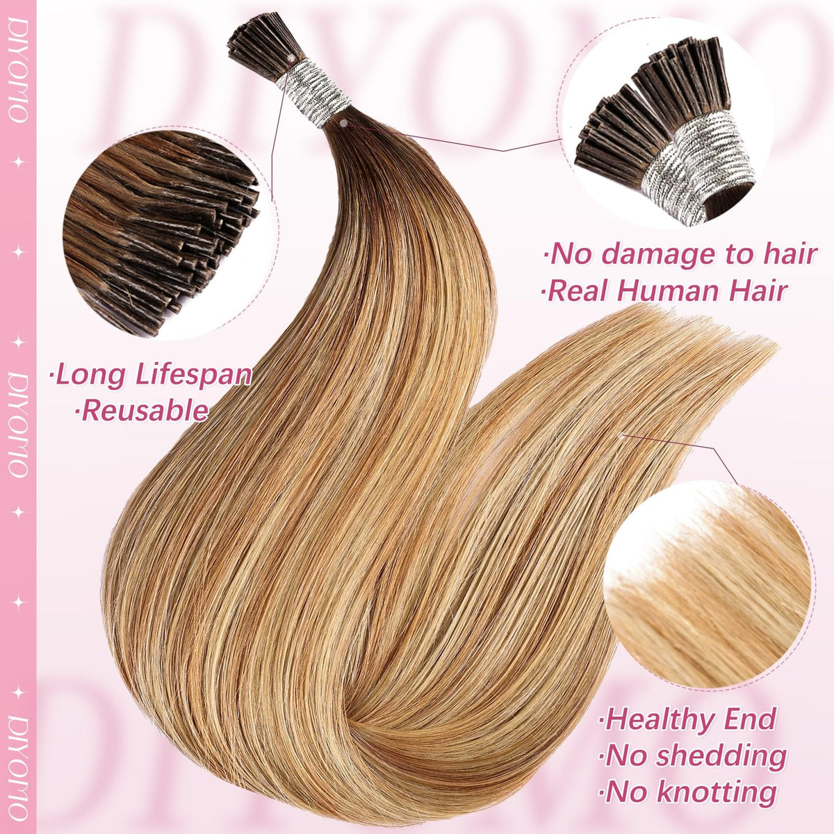 Human Hair I Tip Extensions Mocha Brown to Rose Gold 20 Inch 50g