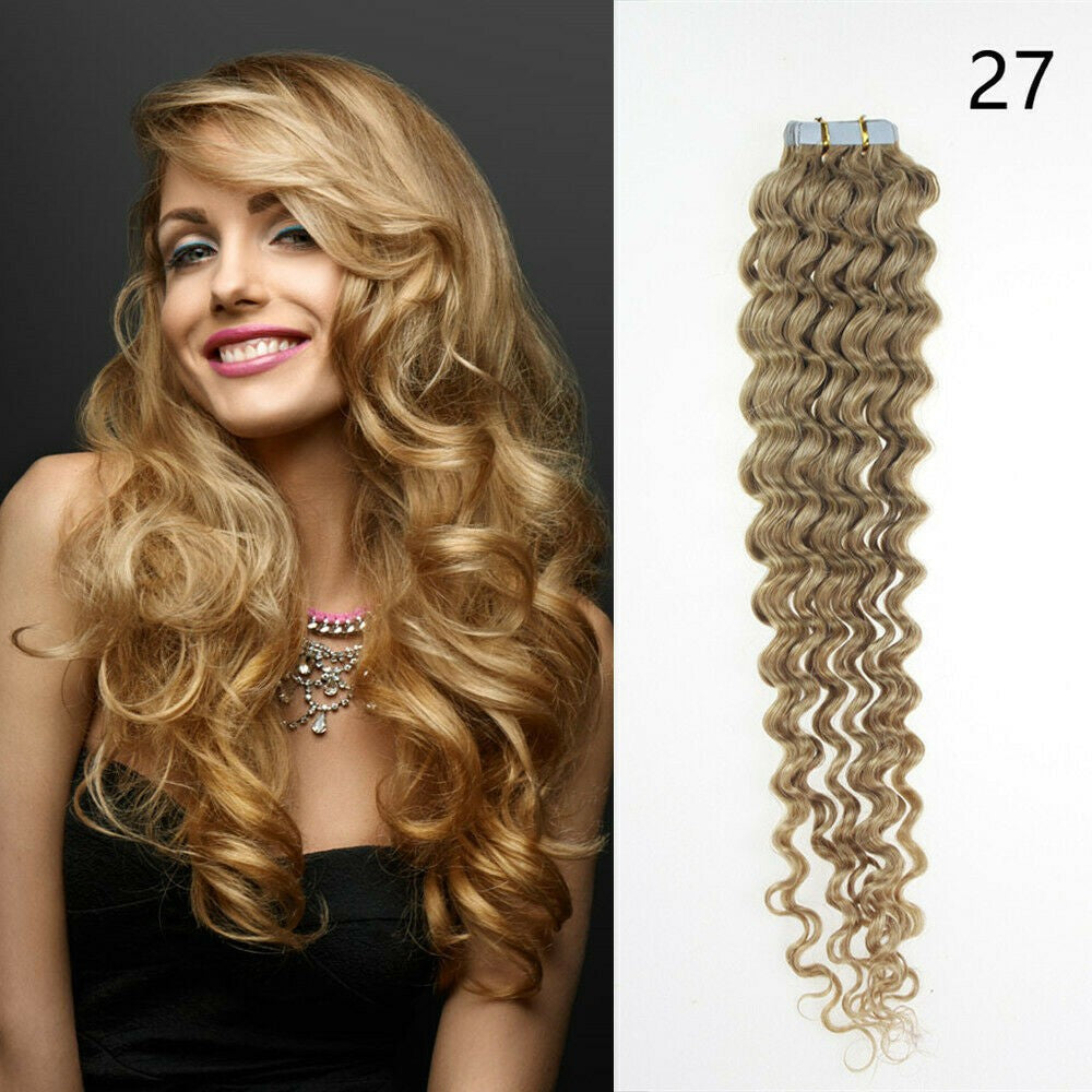 Remy Human Hair Extensions Seamless Tape-In Wefts 18 Inch Curly & Straight