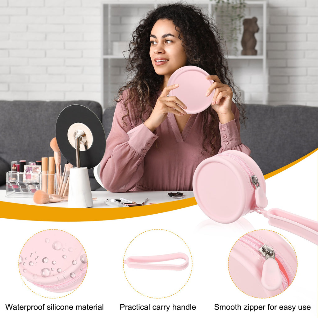 Round Silicone Makeup Bag, Small Pink Toiletry Organizer with Handle