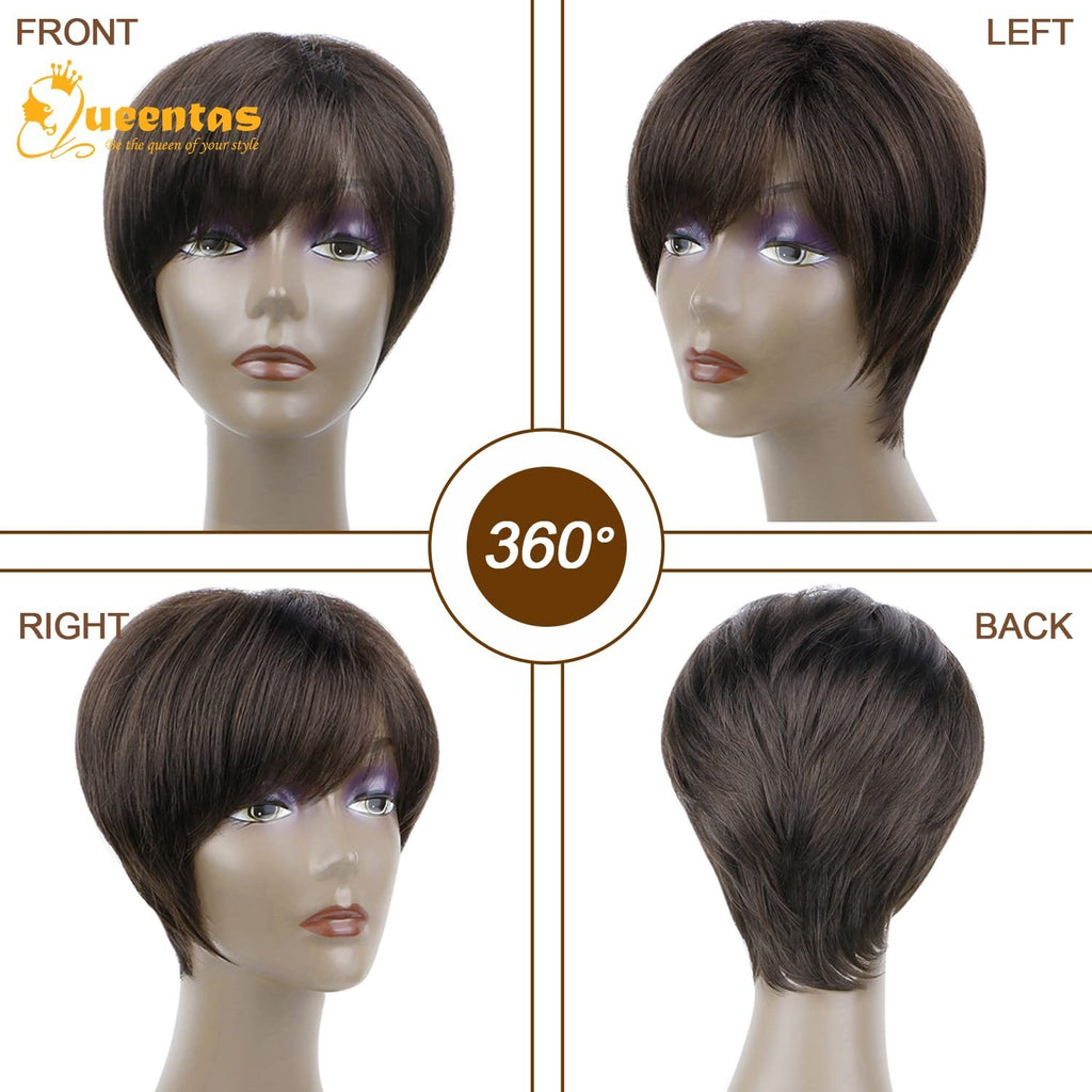 Brown Pixie Wig with Bangs - Natural Short Synthetic Hair for Daily Wear