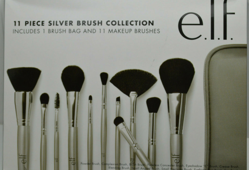 Elf 11 Piece Silver Makeup Brush Set with Brush Bag – Synthetic Hair