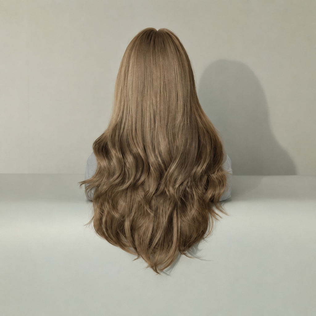 Long Wavy Brown Synthetic Cosplay Wig with Bangs - Heat Resistant Hair