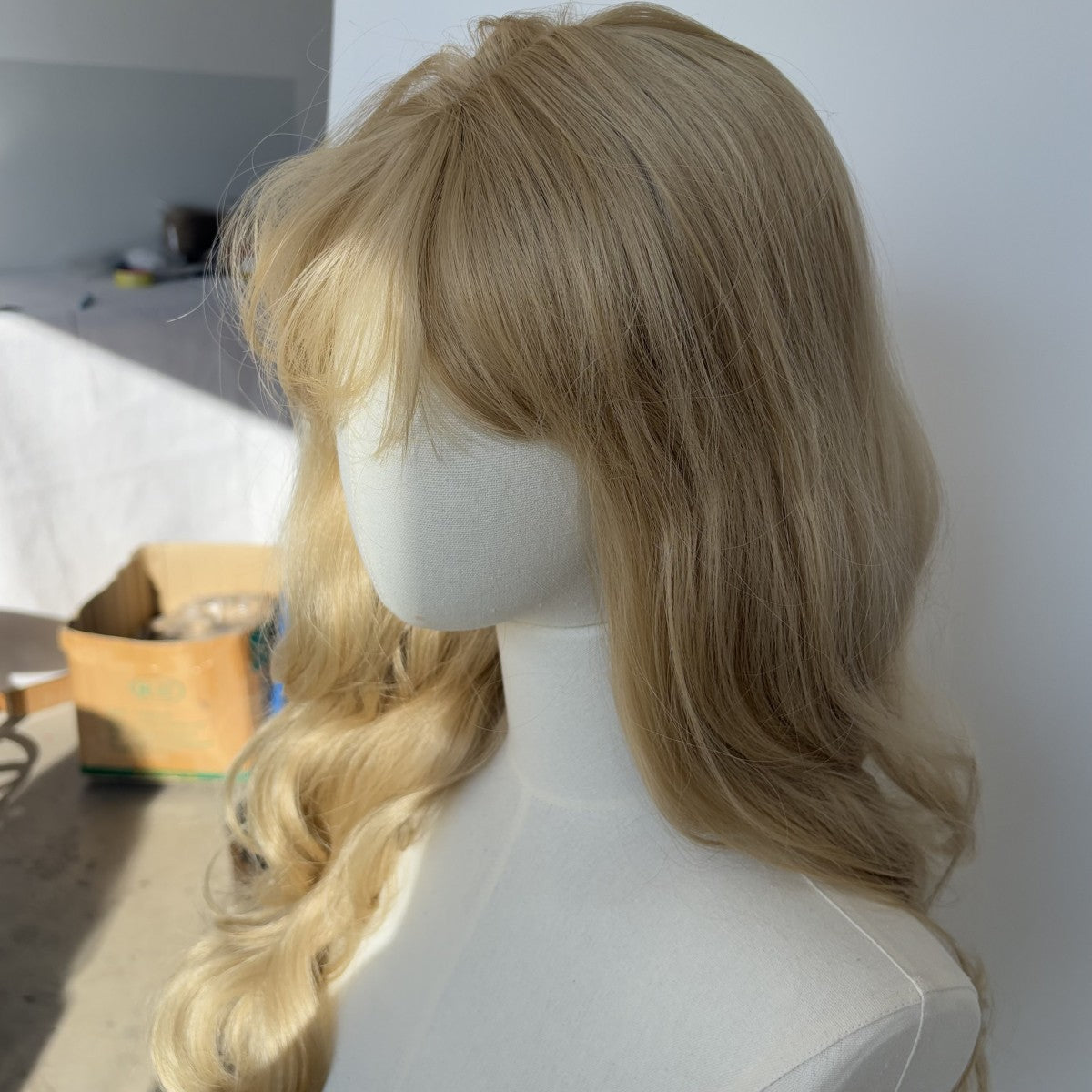 Long Wavy Cosplay Wig with Bangs Blonde Synthetic Hair - Wear & Go