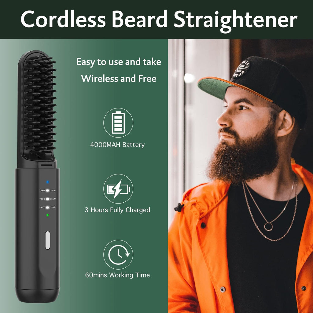 Cordless Beard Straightener Heated Brush for Travel & Home - Ionic, Adjustable Temp
