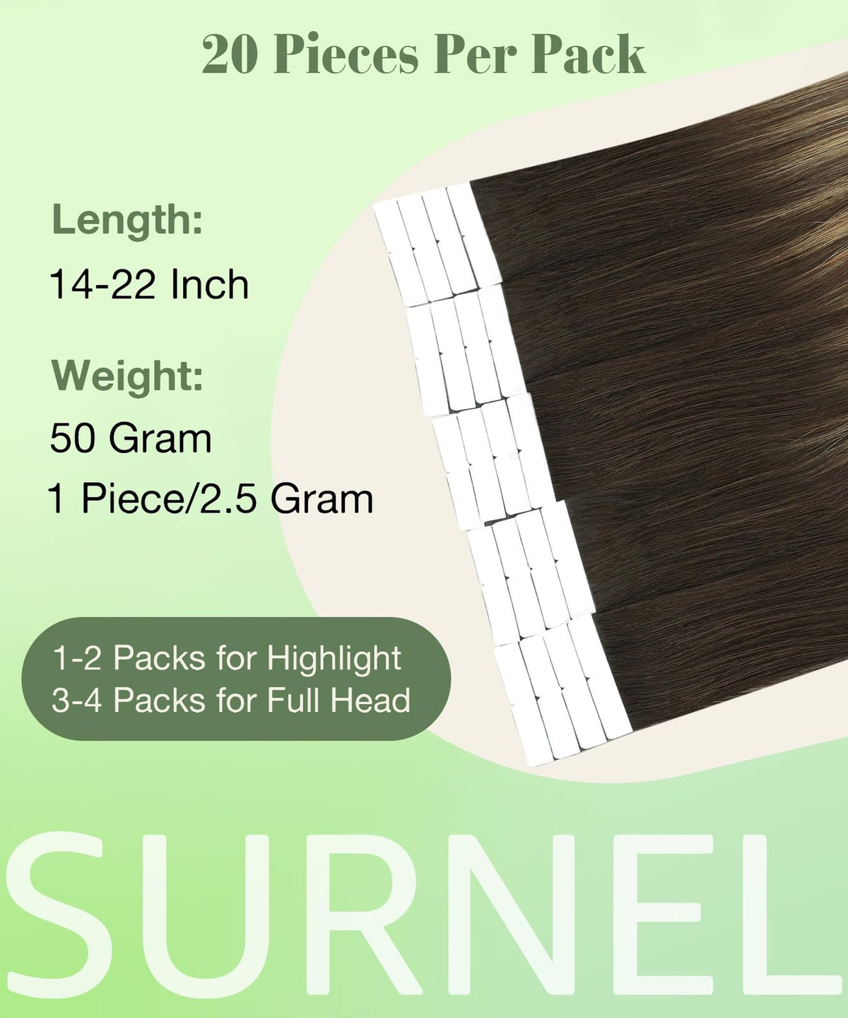14 Inch Tape-in Human Hair Extensions - Balayage Brown Blend, 20 Pieces