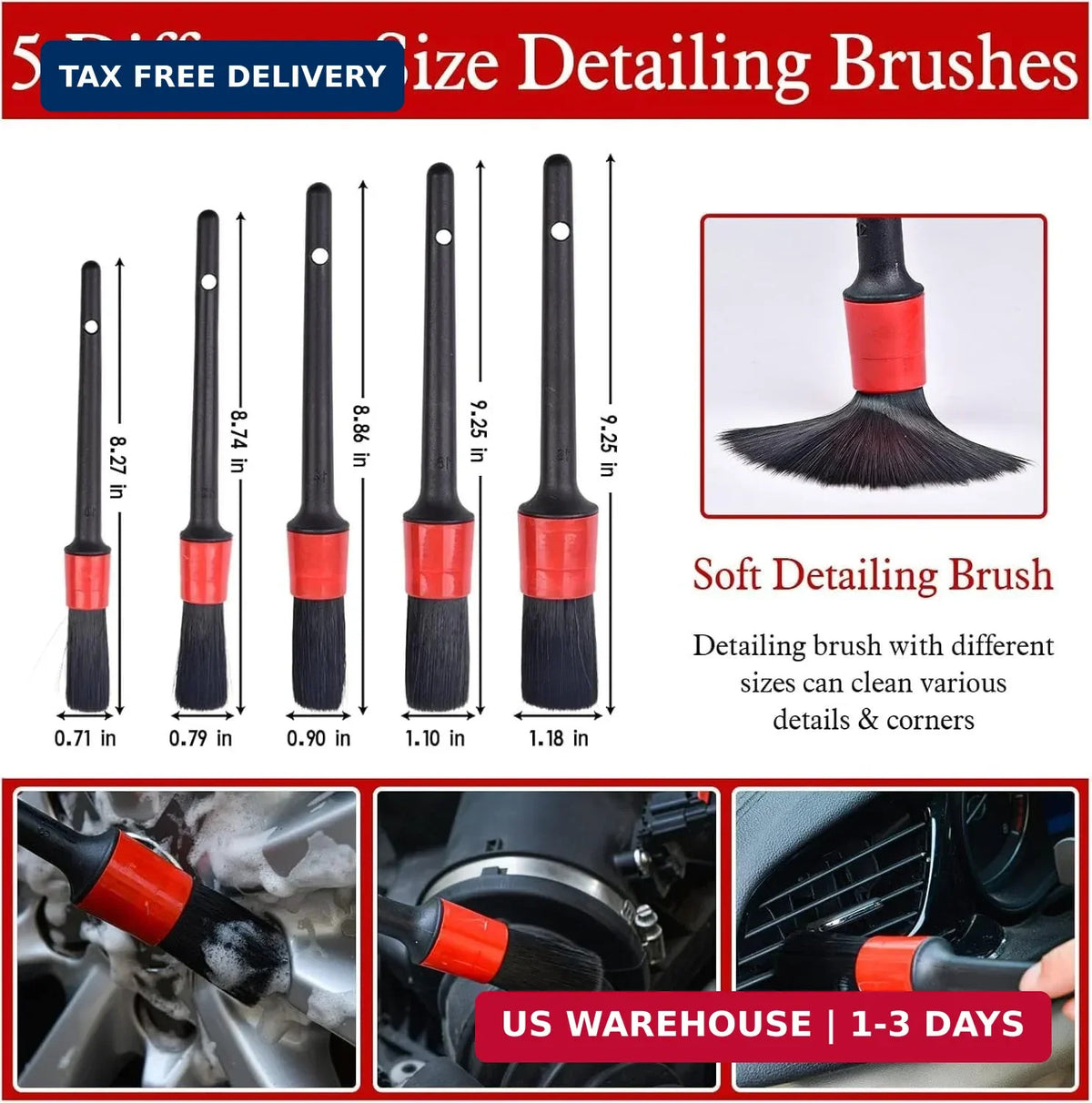 Auto Detailing Brush Set with Boar Hair & Steel Wire - 11 Pieces