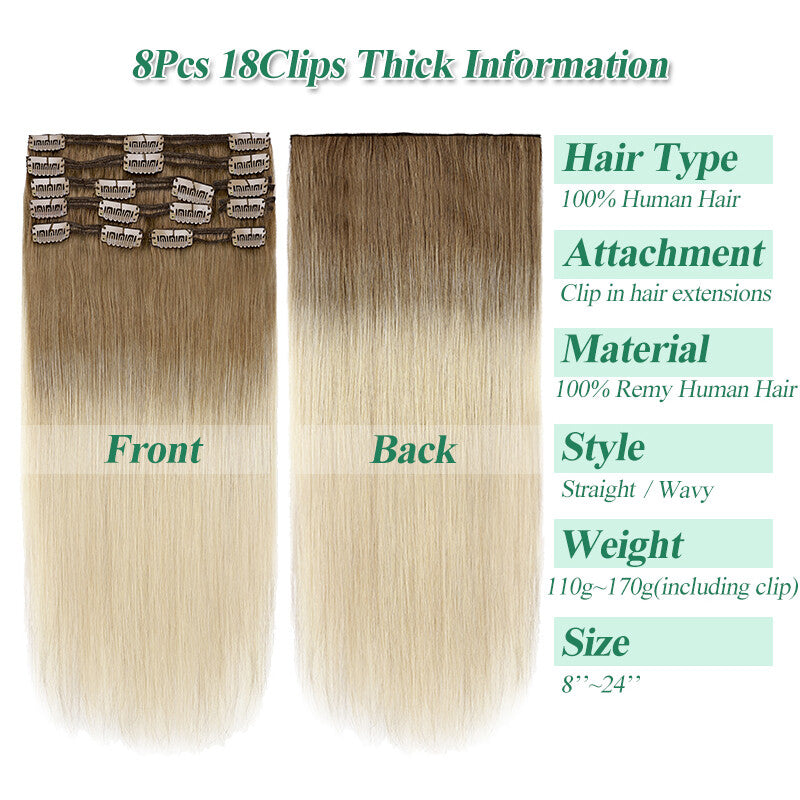 Remy Clip-In Hair Extensions Full Head Set - Blonde, Brown, Black, Wavy & Straight