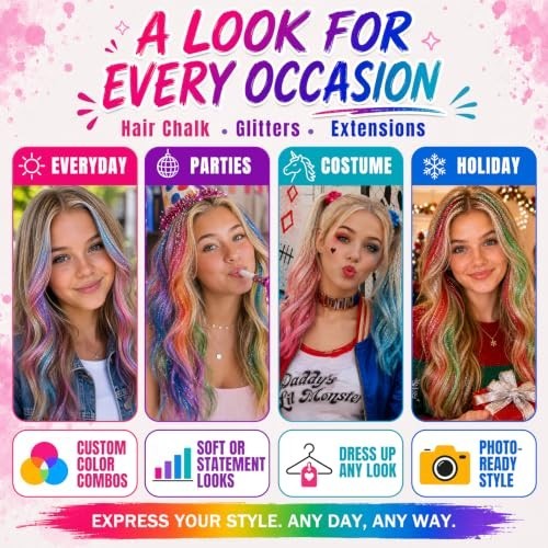 Washable Hair Chalk Set with Clip-In Extensions - 17 Colors for Temporary Hair Coloring