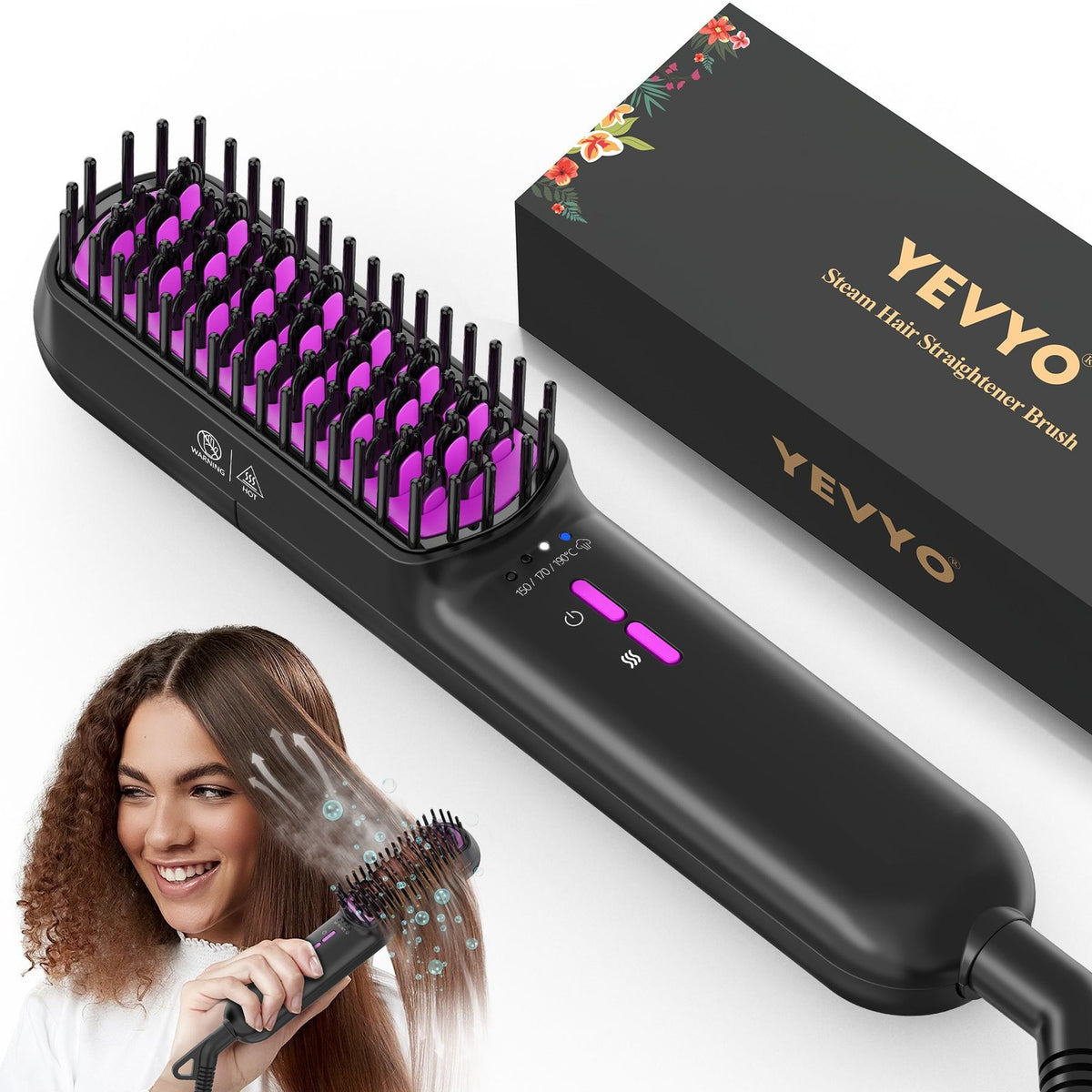 Steam Hair Straightener Brush, Ionic & 3D Ceramic Flat Iron for All Hair Types