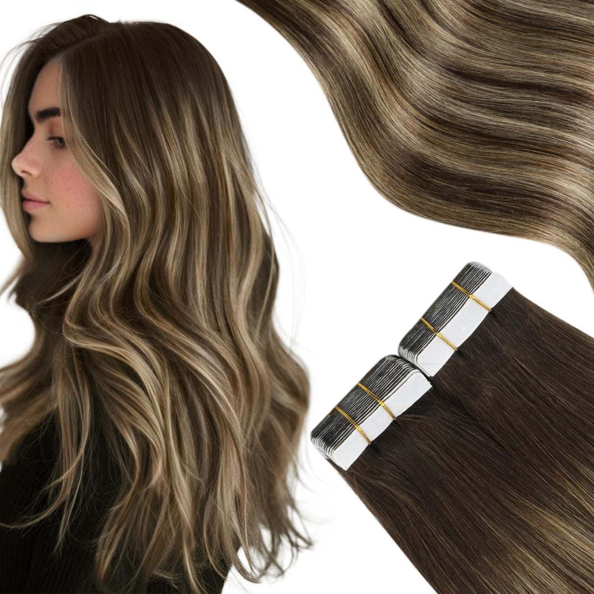 Human Hair Tape-In Extensions 14 Inch Brown to Caramel - Easy DIY Style