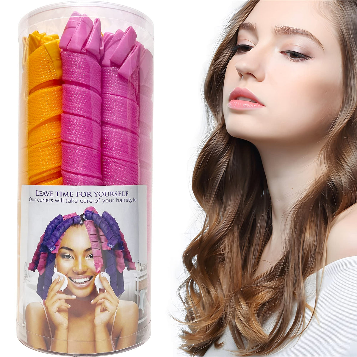 50 Pcs Heatless Spiral Hair Curlers 22 Inch with Hooks for Women - Pink & Orange