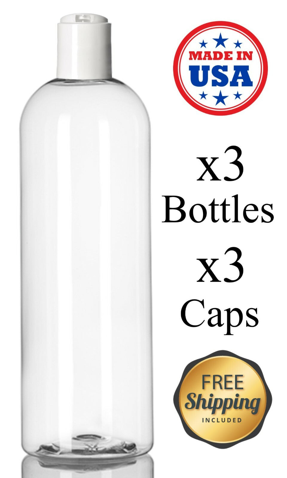 16 oz PET Plastic Cosmo Round Bottles with White Cap Bulk Pack - Clear