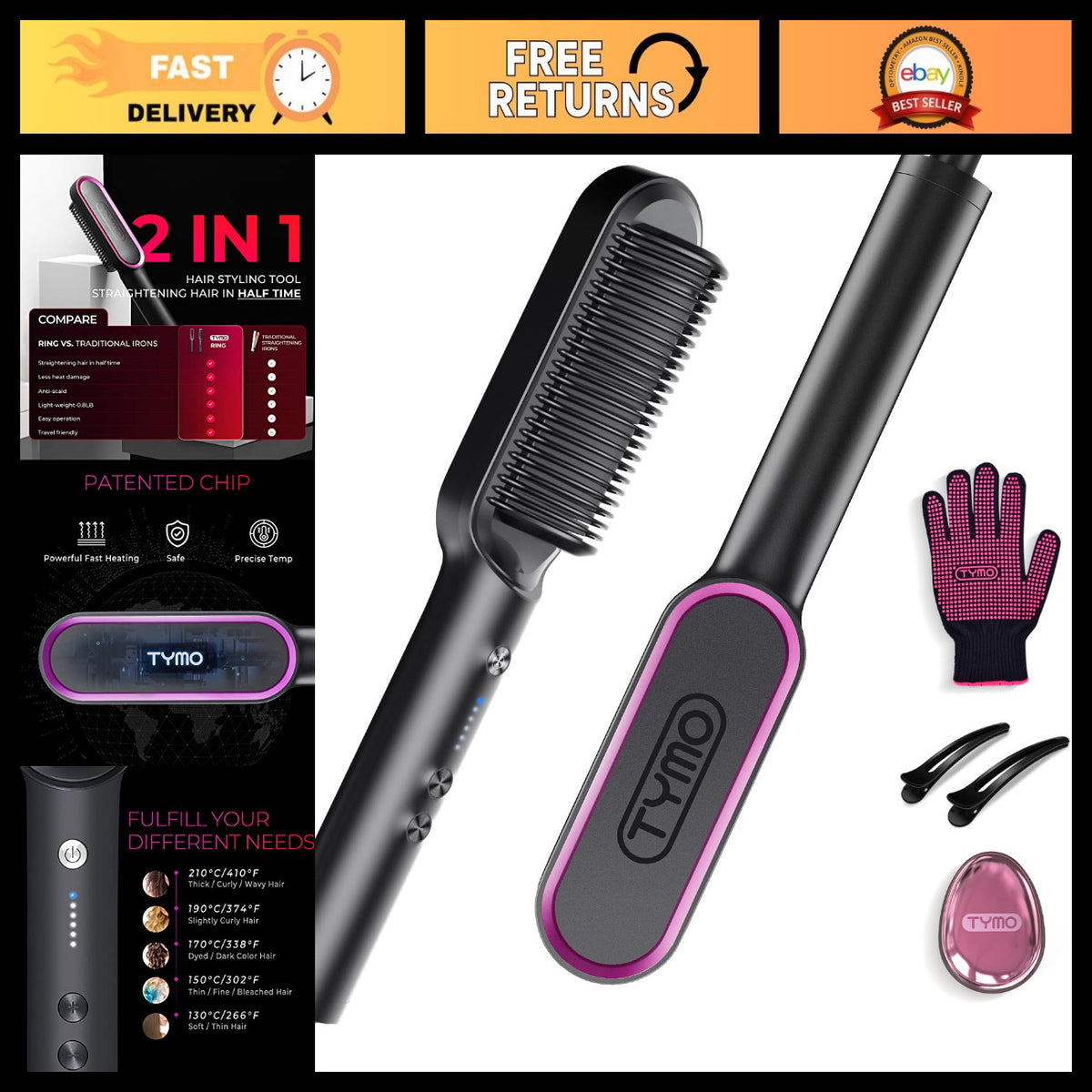 Hot Comb Hair Straightener Brush for Women, Fast Heating Frizz Control