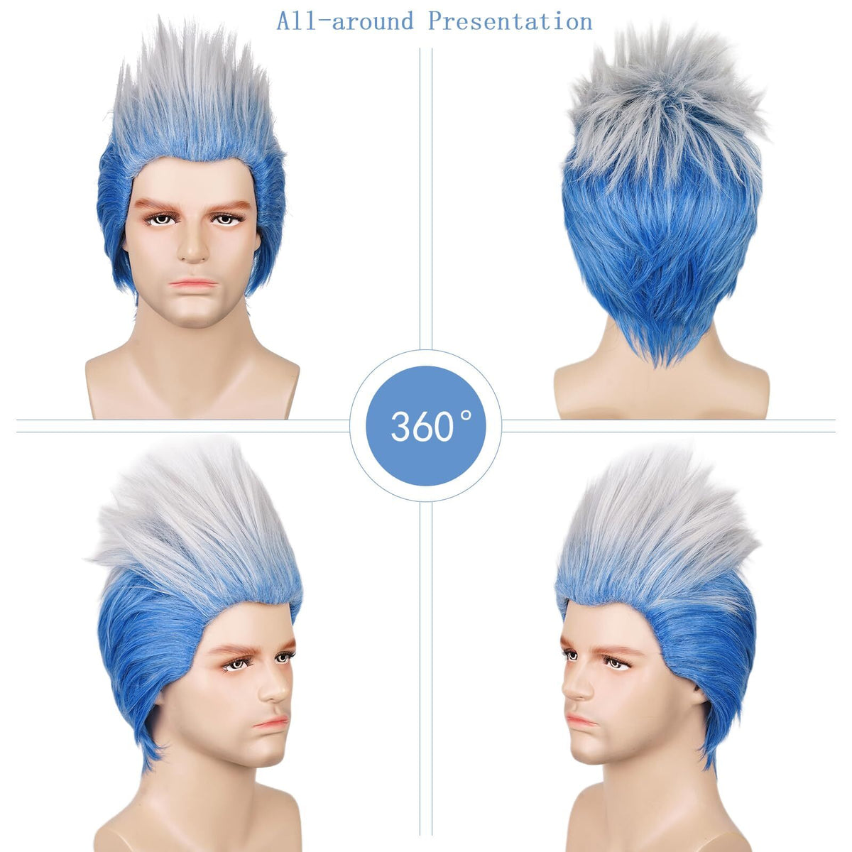 Short Curly Ombre Blue and White Cosplay Wig for Men Halloween