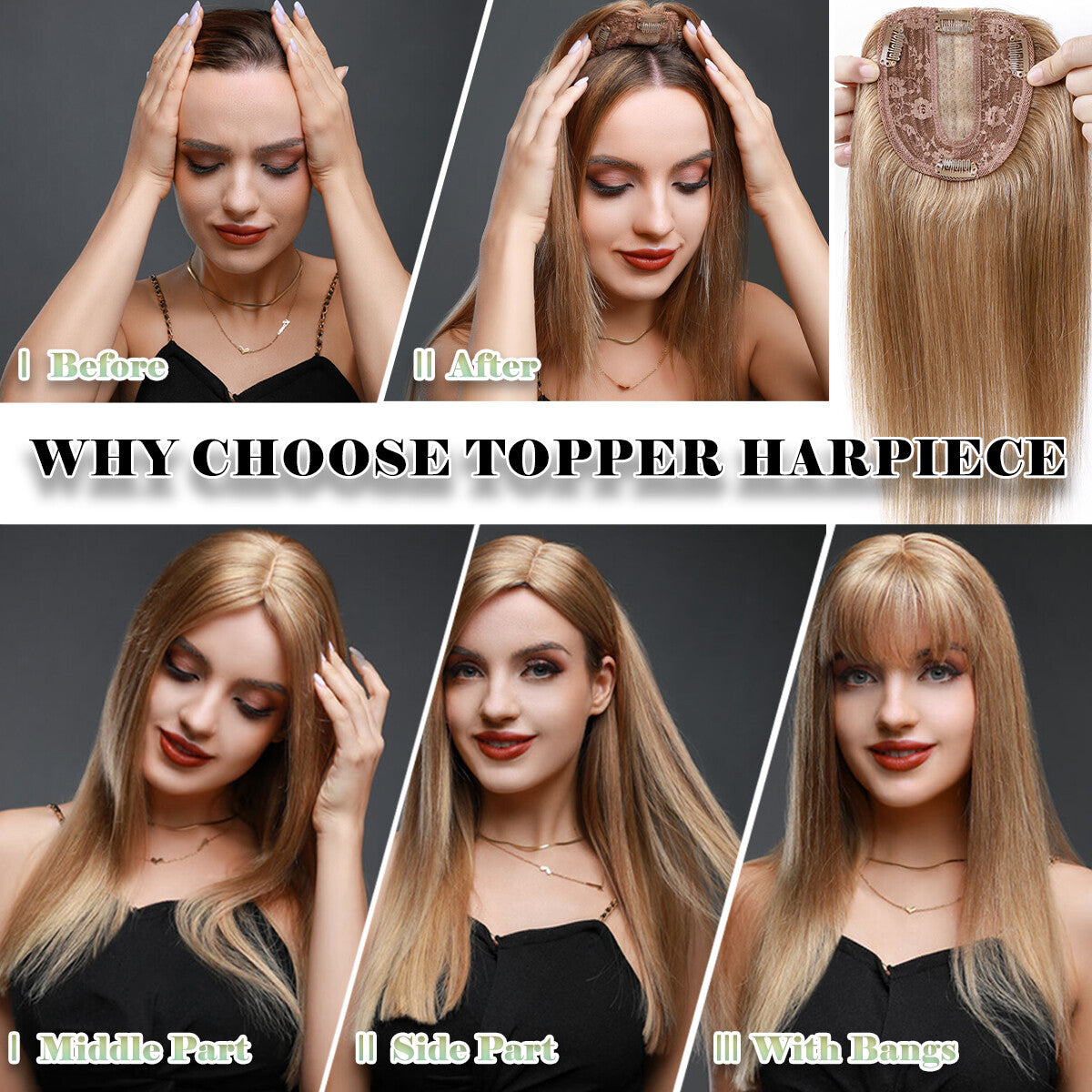 Human Hair Topper with Bangs Clip-In Remy Hairpiece for Thinning Hair
