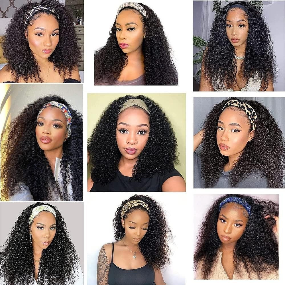 Human Hair Kinky Curly Headband Wig 18 Inch Natural Color for Black Women