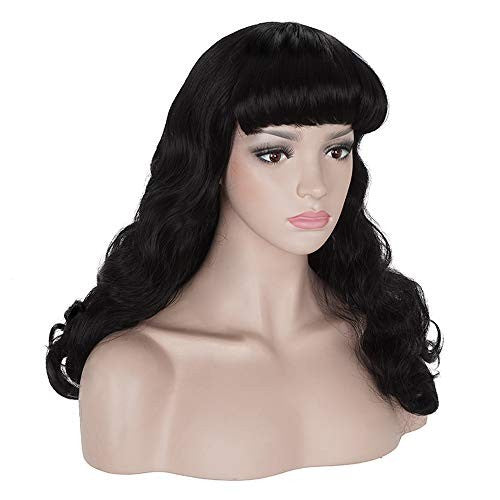 Vintage 50s Wavy Black Wig with Bangs for Cosplay & Retro Looks