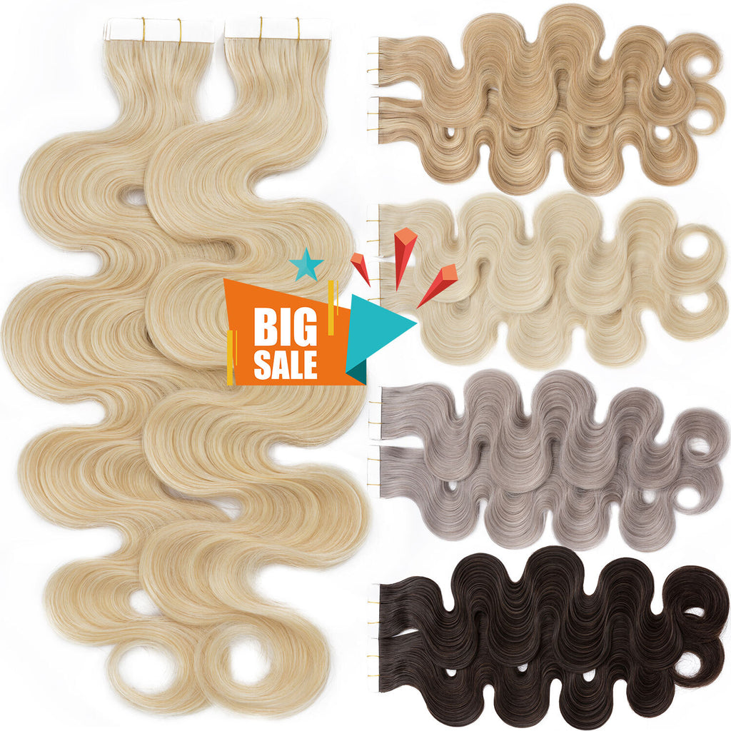 Remy Human Hair Tape-In Extensions Wavy Full Head 200g 80pcs - Multiple Colors & Lengths