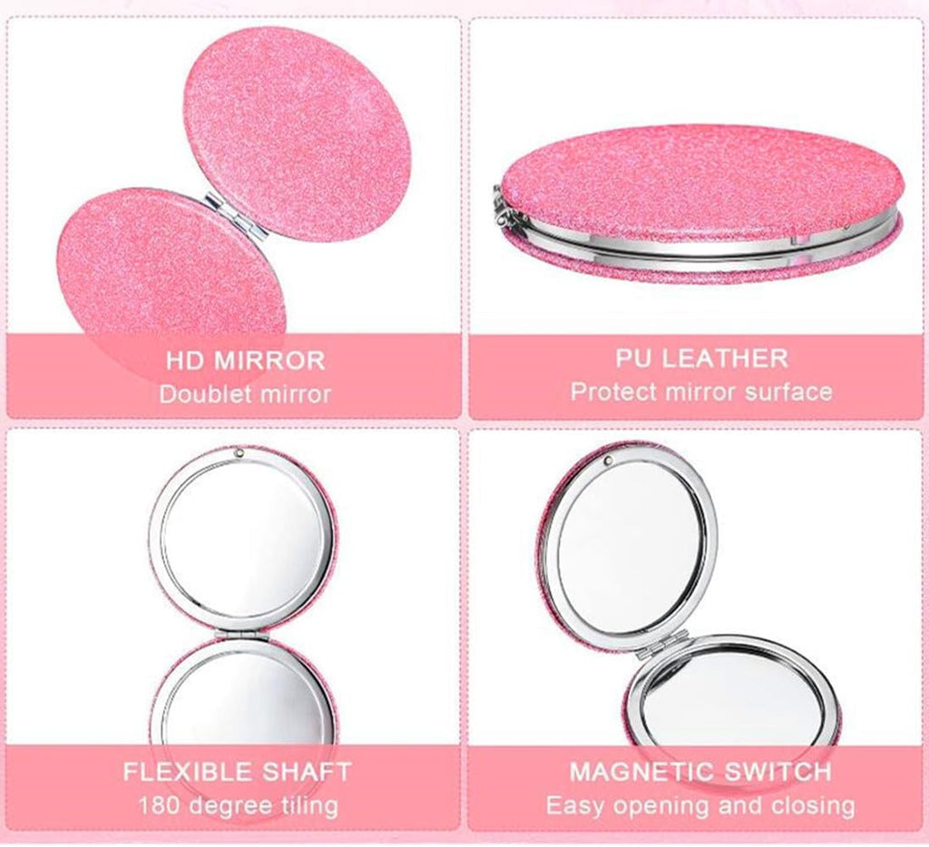 Pink Compact Travel Mirror with 1X & 2X Magnification - Folding Pocket Makeup Mirror