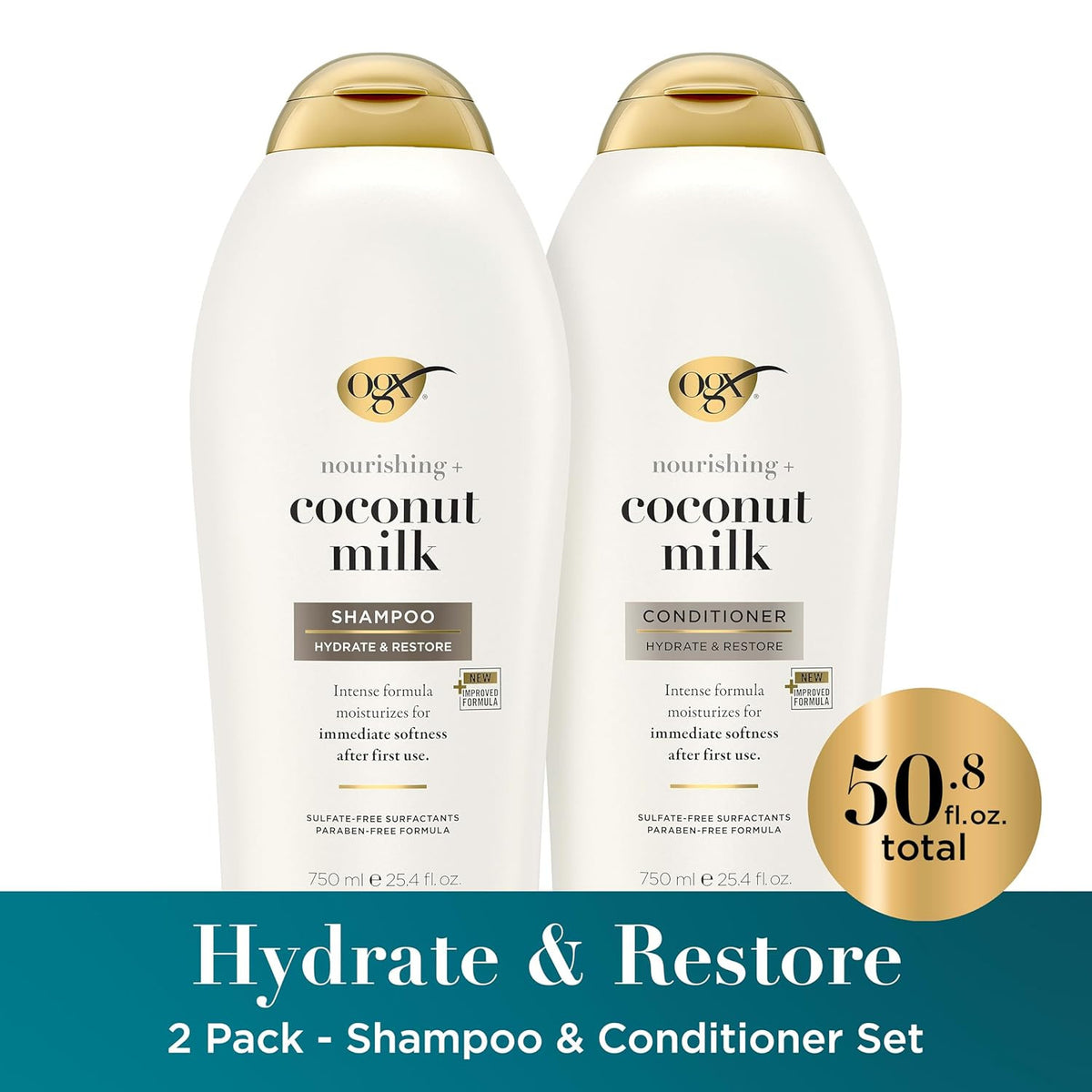 Nourishing Coconut Milk Shampoo & Conditioner Set - Hydrating Hair Care, 2 x 25.4 Fl Oz