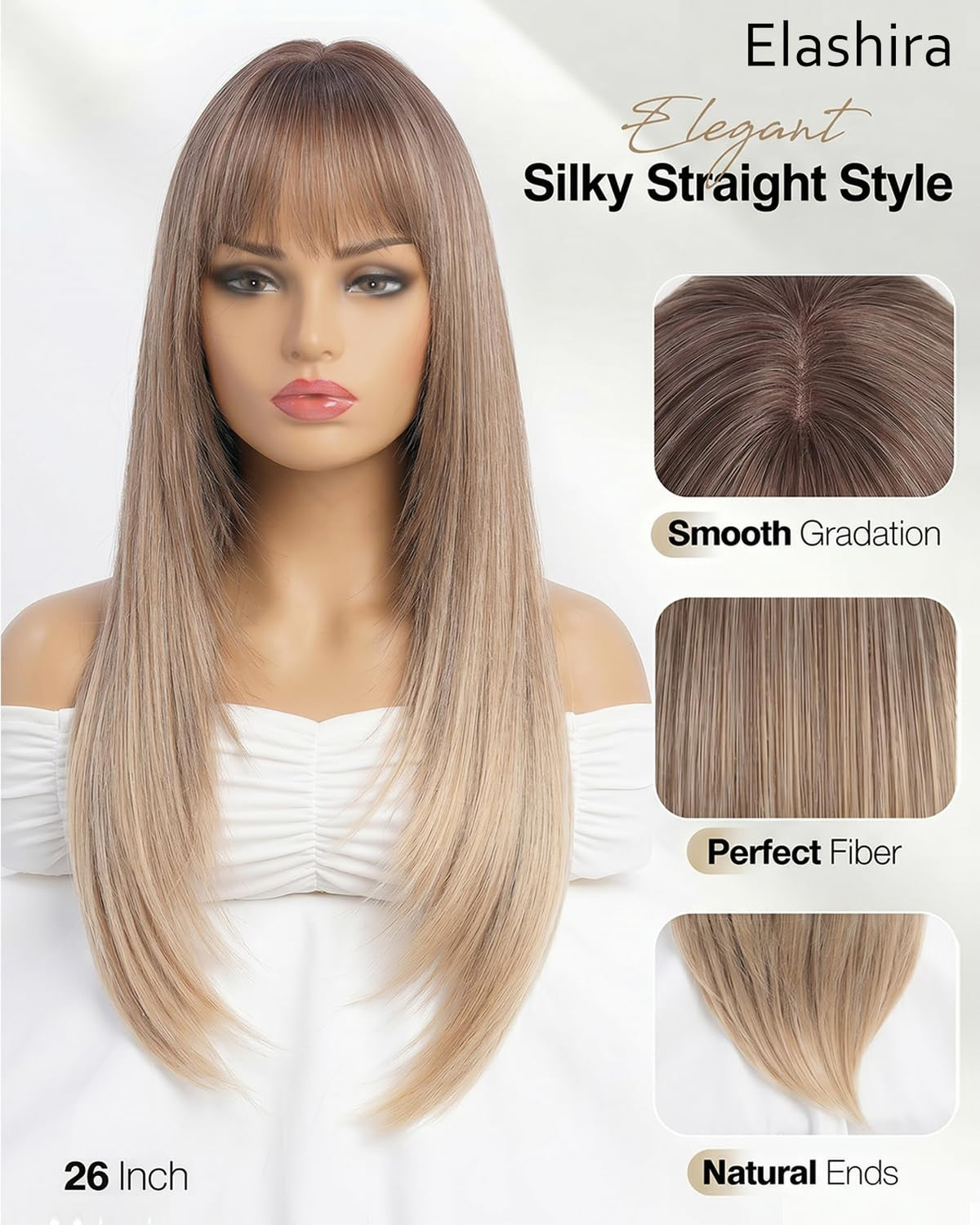 26-Inch Ombre Blonde Synthetic Wig with Bangs for Women - Heat-Resistant, Straight Hair Extension