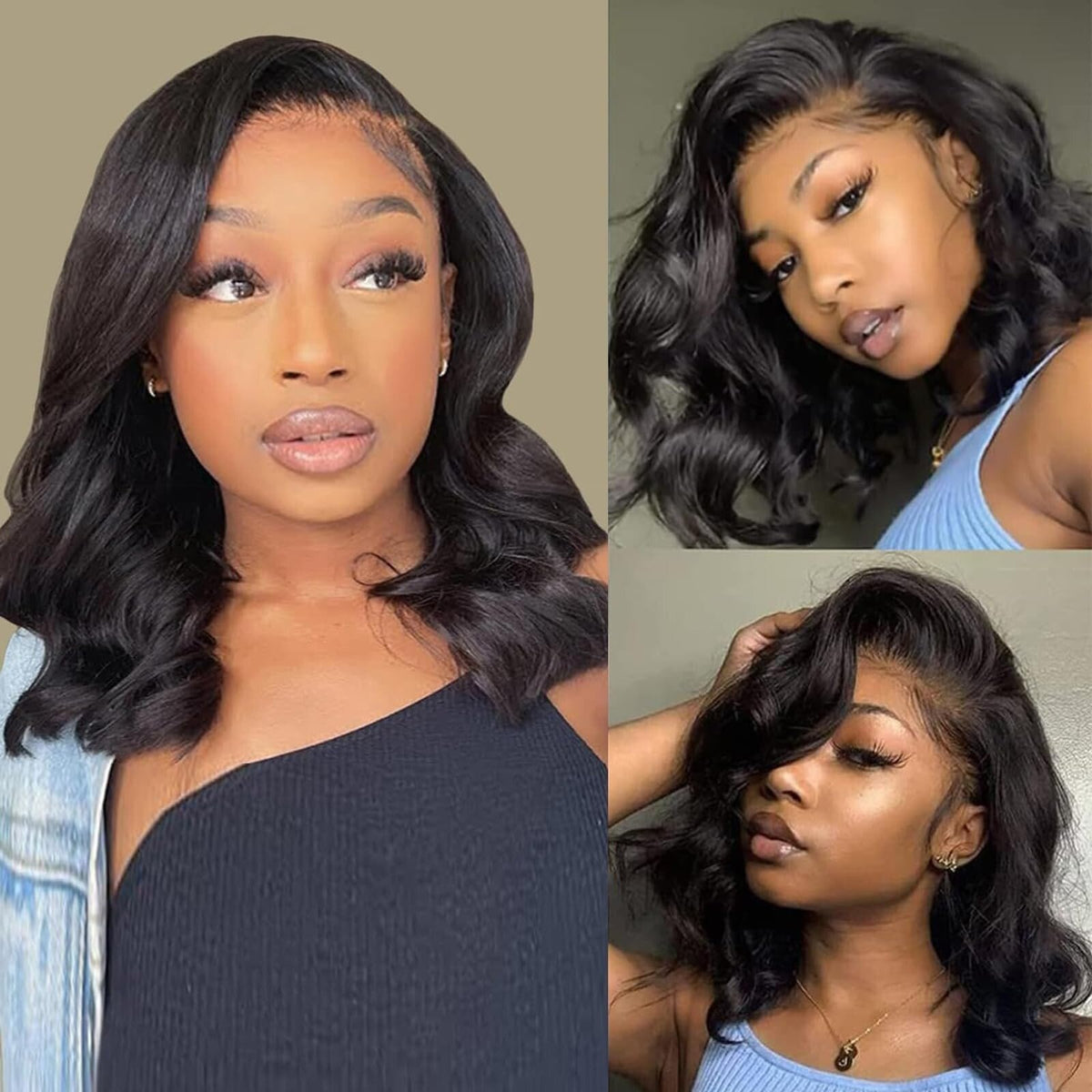 14 Inch Human Hair Bob Wig with Glueless Lace Front, Pre-Plucked, Black