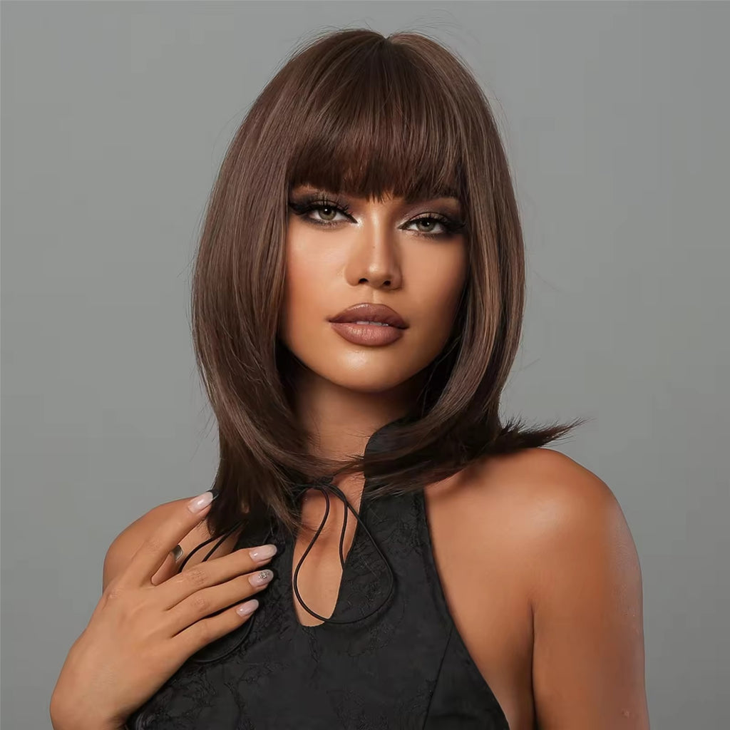Dark Brown Synthetic Cosplay Wig with Bangs - Heat Resistant Bob Style