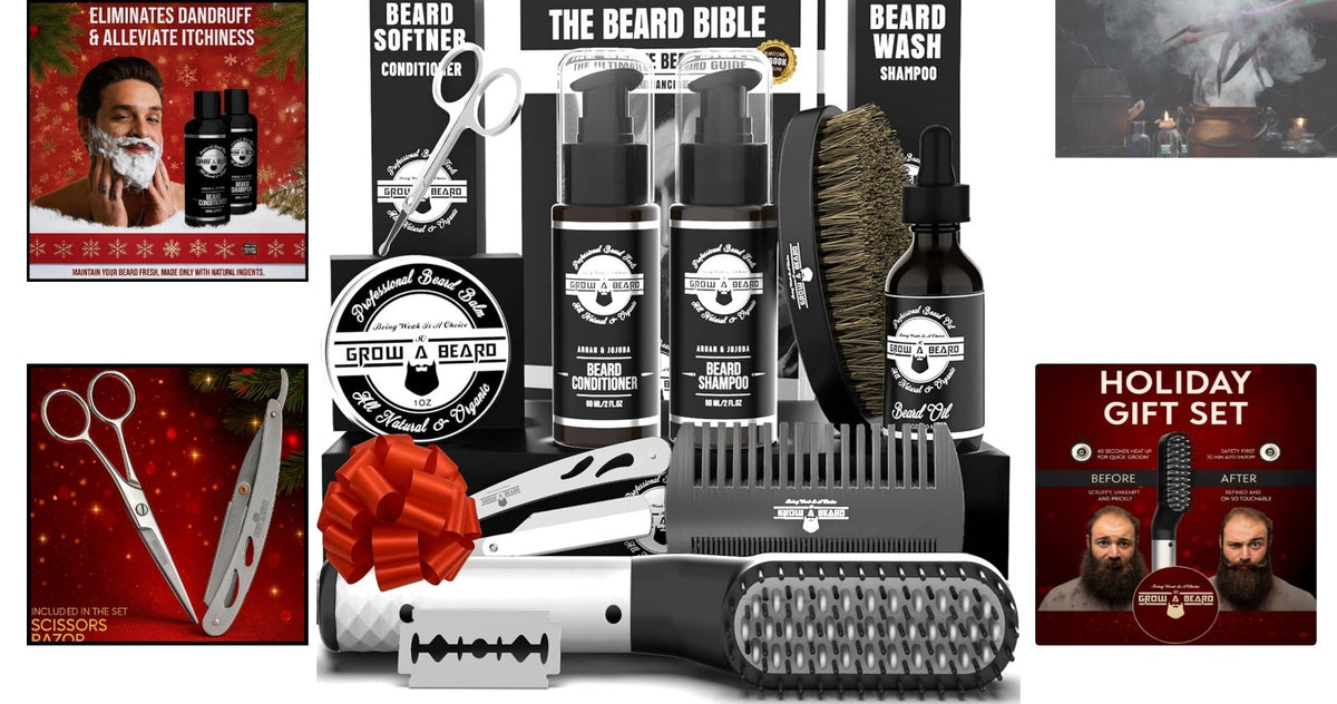 Men's Beard Care Set with Straightener, Nourishing Oil & Grooming Essentials