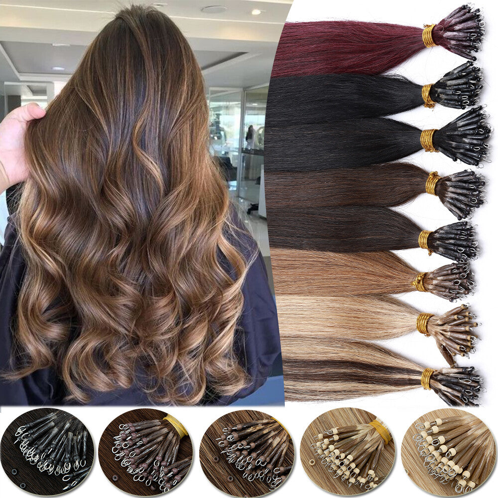 Thick 150PCS Remy Human Hair Extensions Nano Ring Beads Micro Loop 14-24 Inch